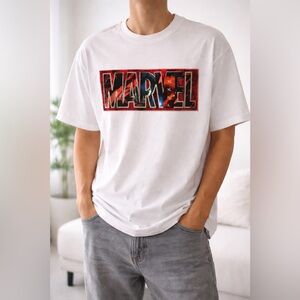 🦸‎ Marvel Logo Graphic T Shirt XL White Comic Superhero Tee NWT Streetwear✨
